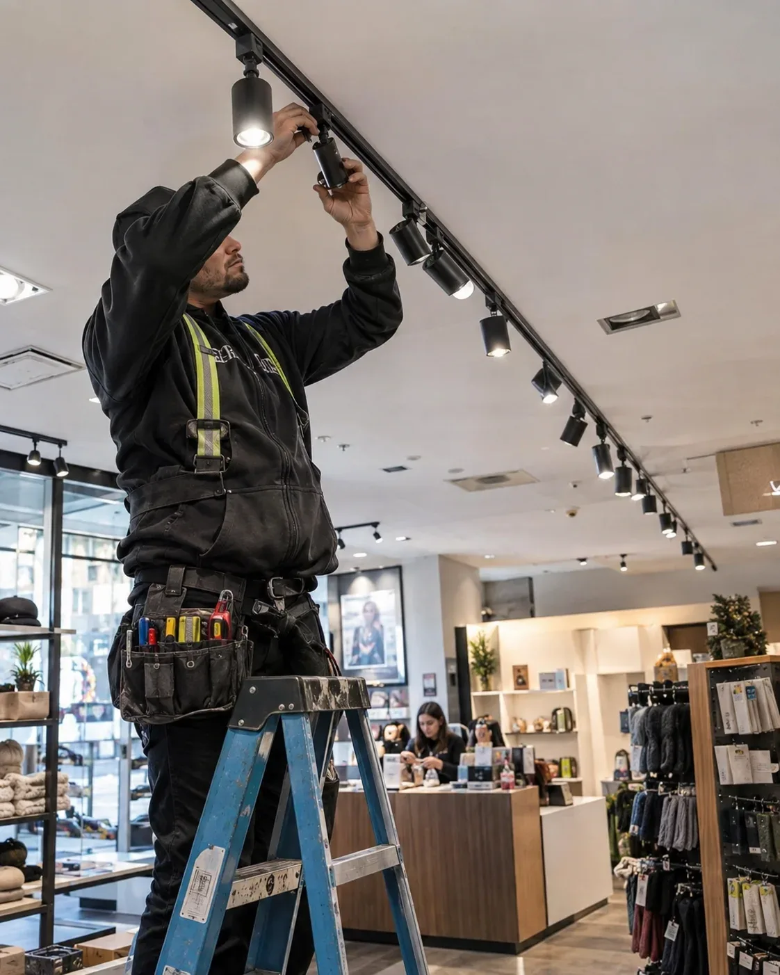Commercial electrician Markham installing LED lighting in a retail store