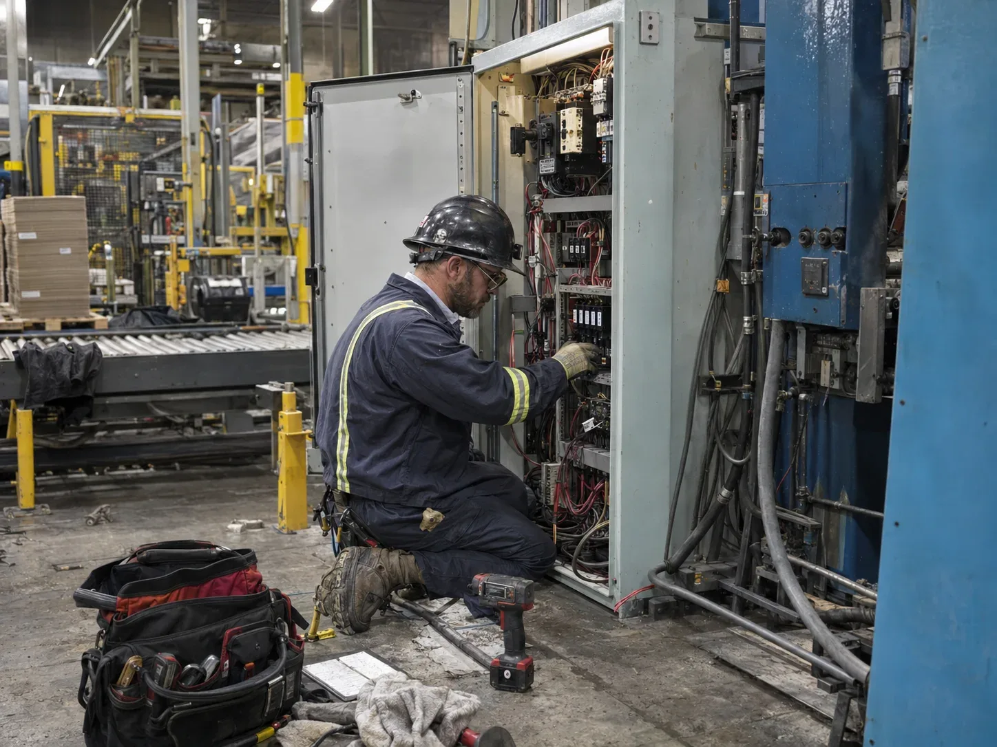 Industrial electrician Markham troubleshooting electrical equipment during a factory breakdown